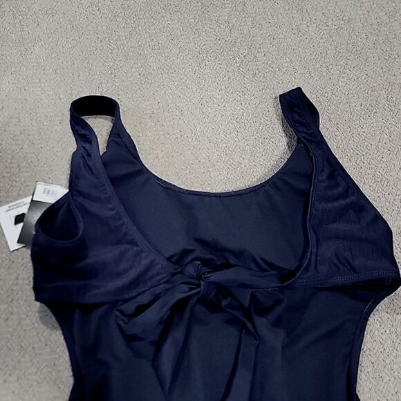 Nine West Solid Navy Blue Ribbed Tie Back One Piece Swimsuit - Size Large - Picture 14 of 15